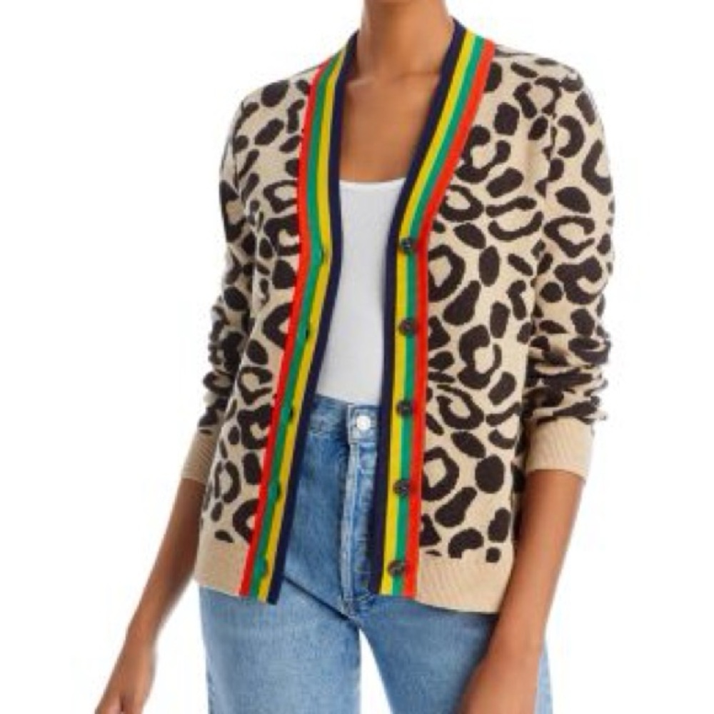 KULE The Cat Cardigan in Leopard Multi Tan Black Button Down Casual Sweater M